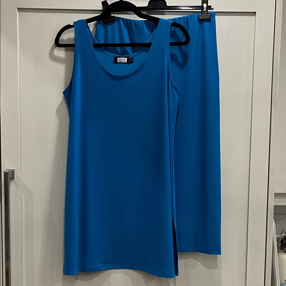 Sympli Bright Blue Tunic length sleeveless top and midi length skirt set
